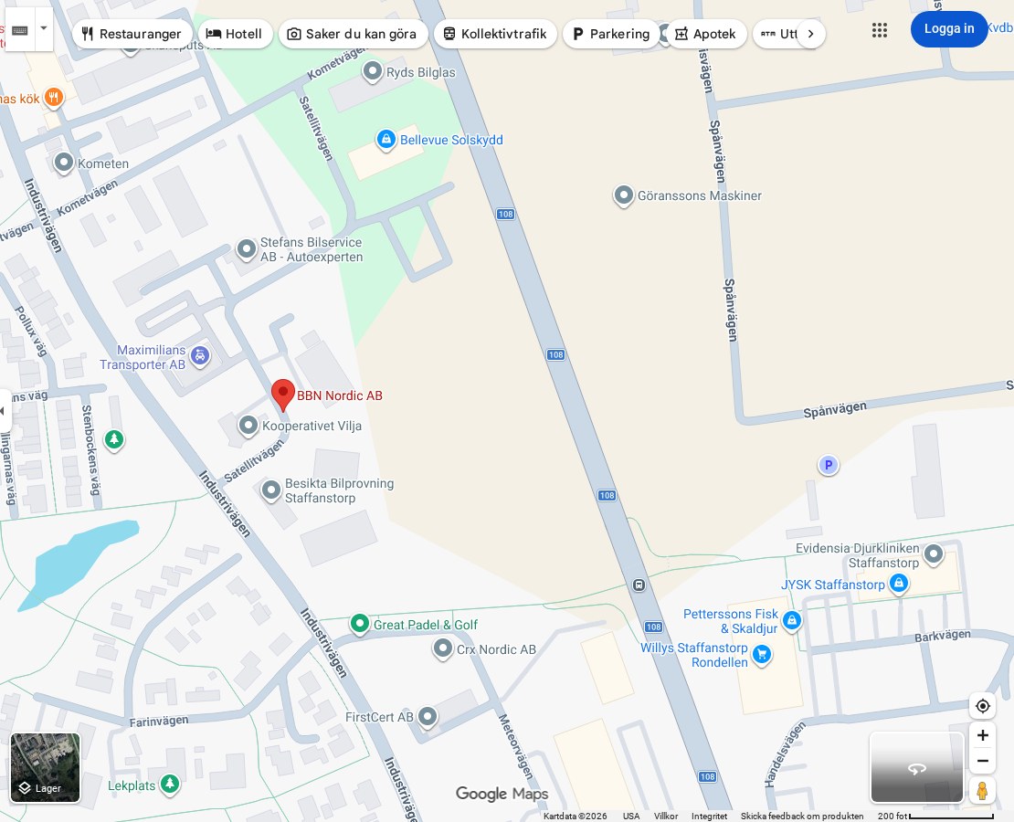 Karta som visar BBN Nordic AB på Satellitvägen 16 i Staffanstorp